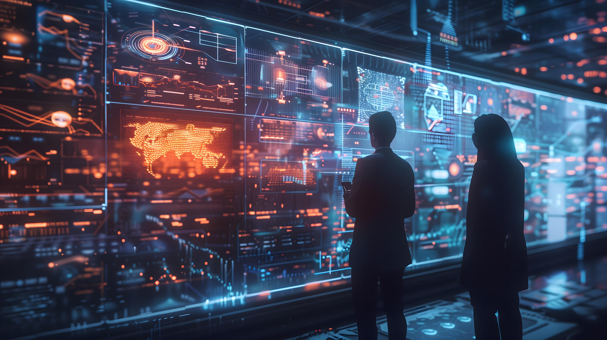 Analysts reviewing a global threat map